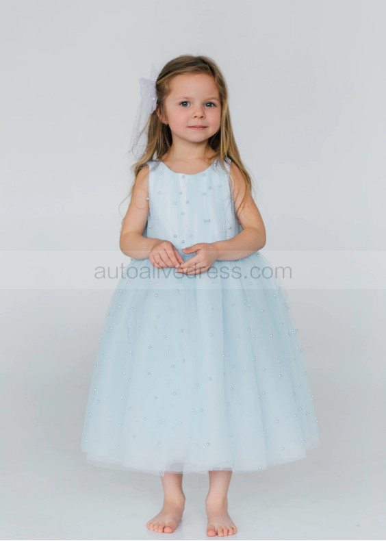 Blue Pearls Tulle Cute Flower Girl Dress